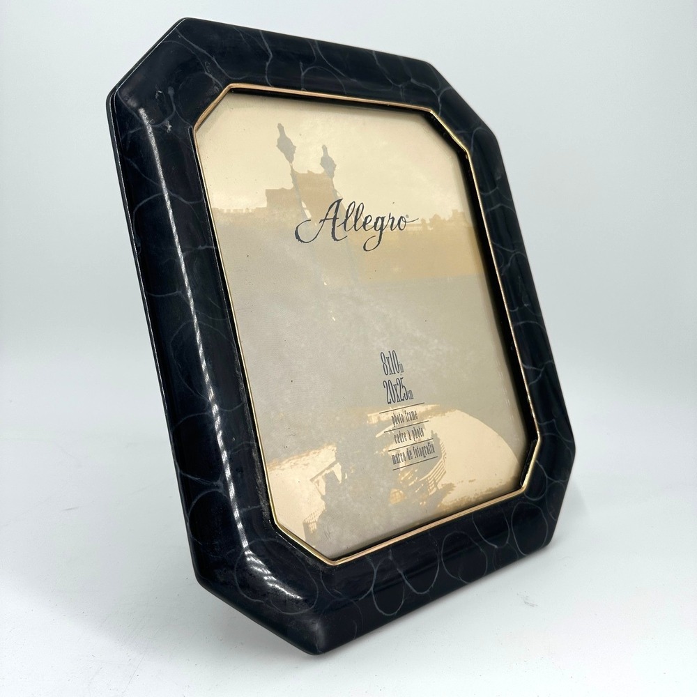 Vintage 8x10 Allegro Ceramic‎ Photo Frame Black Gold Octagon MCM